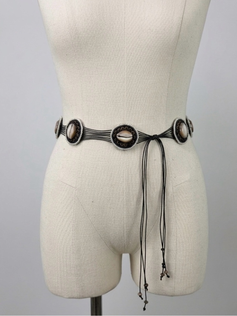 Beaded Cowrie Shell Adjustable Tie Belt Length 58” Brown